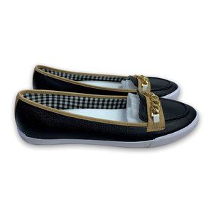 Liz Claiborne Womens Blare Black Leather Slip On Flats Gold Chain Shoes Sz 9 M